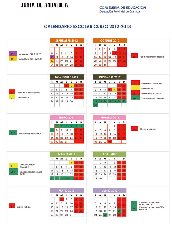 Calendario escolar para la provincia de Granada, curso 2012/13  