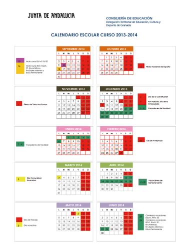 Calendario escolar de la provincia de Granada, Curso 2013-14, Niveles no universitarios