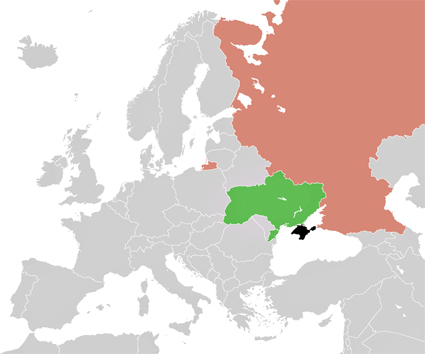 Crisis de Crimea (en el mapa, en color negro), Ucrania (en verde) y Rusia (rosado). Fuente: Wikipedia