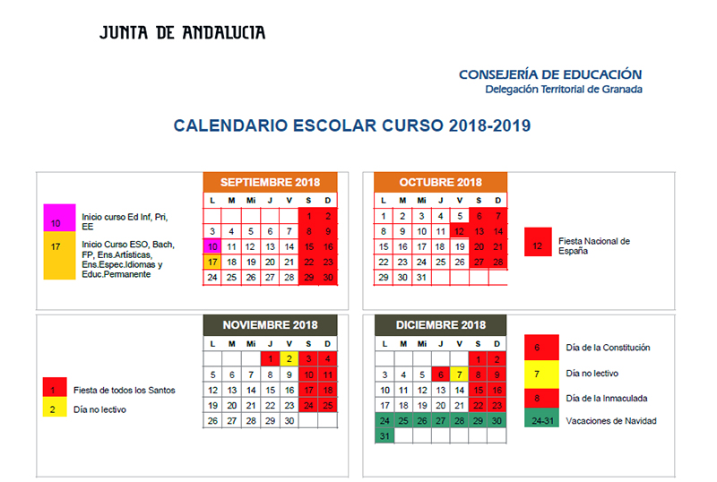 Calendario escolar de Granada y provincia ( y del resto de las provincias andaluzas) para el curso 2018/19